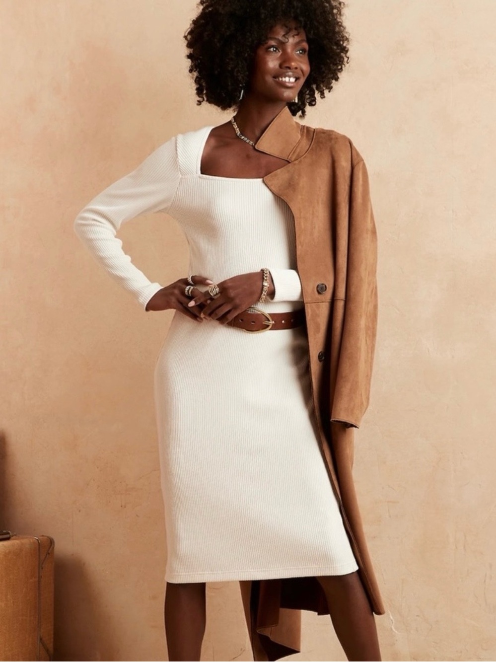 Banana Republic Women’s Ribbed Knit Long Sleeve Midi Dress Cream Size Small P